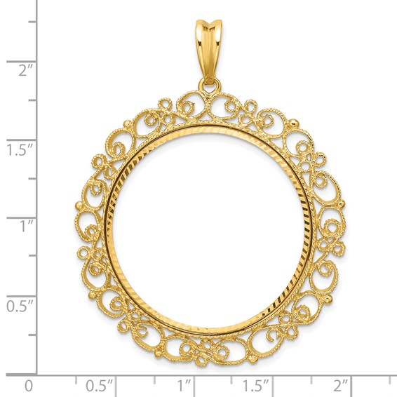 Wideband Distinguished Coin Jewelry 14k Polished Textured and Diamond-cut Victorian 32.0mm Prong Coin Bezel Pendant