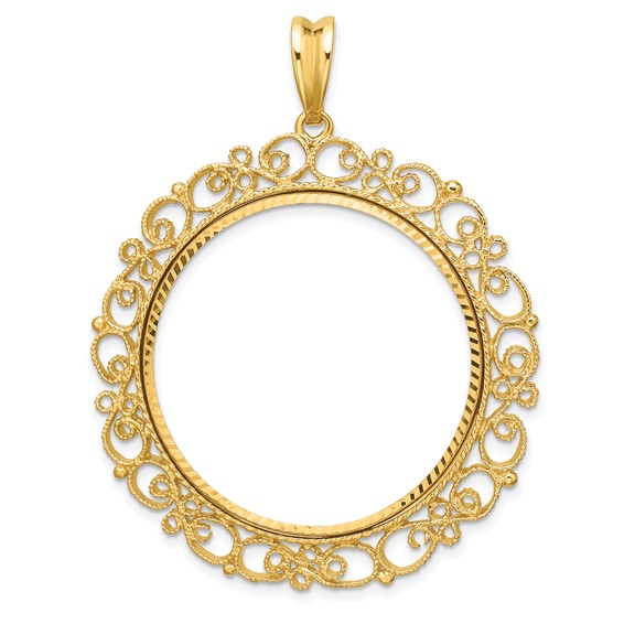 Wideband Distinguished Coin Jewelry 14k Polished Textured and Diamond-cut Victorian 32.0mm Prong Coin Bezel Pendant