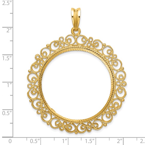 Wideband Distinguished Coin Jewelry 14k Polished Textured and Diamond-cut Victorian 32.7mm Prong Coin Bezel Pendant