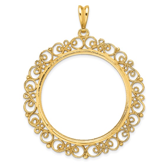 Wideband Distinguished Coin Jewelry 14k Polished Textured and Diamond-cut Victorian 34.2mm Prong Coin Bezel Pendant