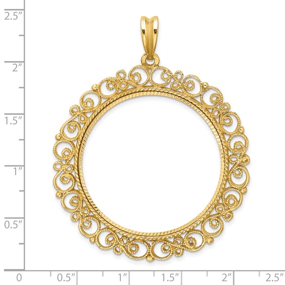 Wideband Distinguished Coin Jewelry 14k Polished Textured and Diamond-cut Victorian 34.2mm Prong Coin Bezel Pendant