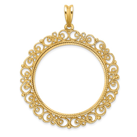 Wideband Distinguished Coin Jewelry 14k Polished Textured and Diamond-cut Victorian 34.2mm Prong Coin Bezel Pendant