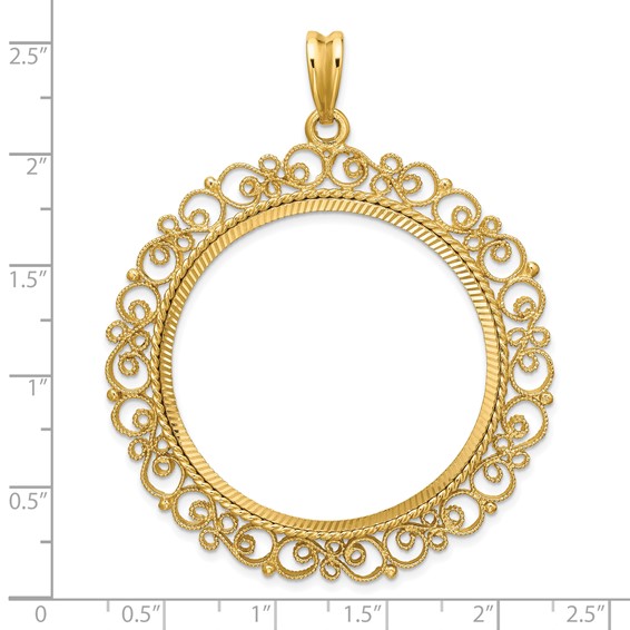 Wideband Distinguished Coin Jewelry 14k Polished Textured and Diamond-cut Victorian 37.0mm Prong Coin Bezel Pendant