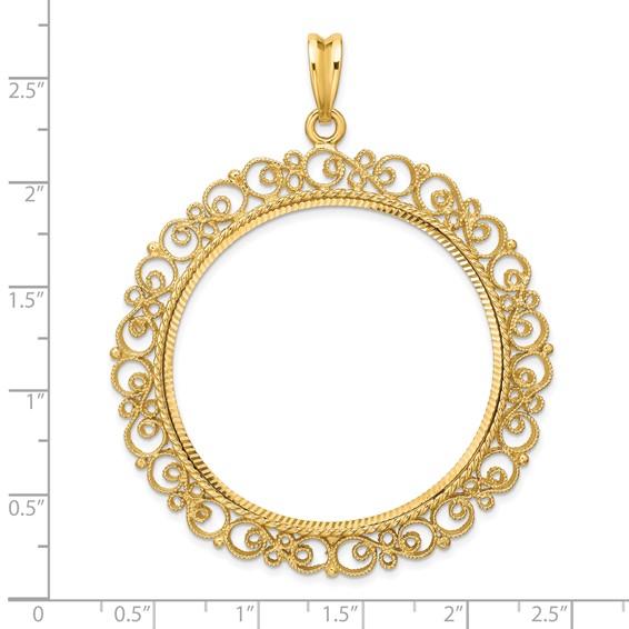 Wideband Distinguished Coin Jewelry 14k Polished Textured and Diamond-cut Victorian 39.5mm Prong Coin Bezel Pendant