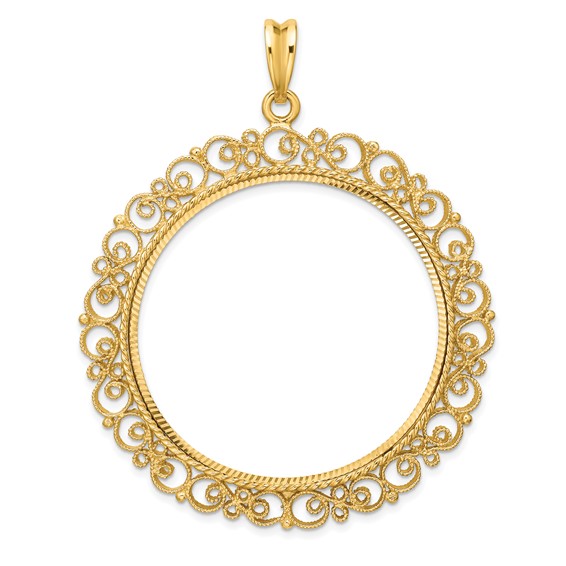 Wideband Distinguished Coin Jewelry 14k Polished Textured and Diamond-cut Victorian 39.5mm Prong Coin Bezel Pendant