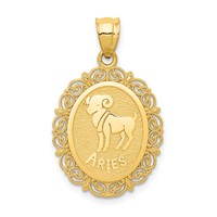 14K Yellow Gold Solid Satin Polished Aries Zodiac Oval Pendant view 1