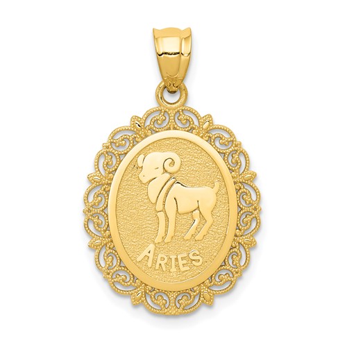 14K Yellow Gold Solid Satin Polished Aries Zodiac Oval Pendant