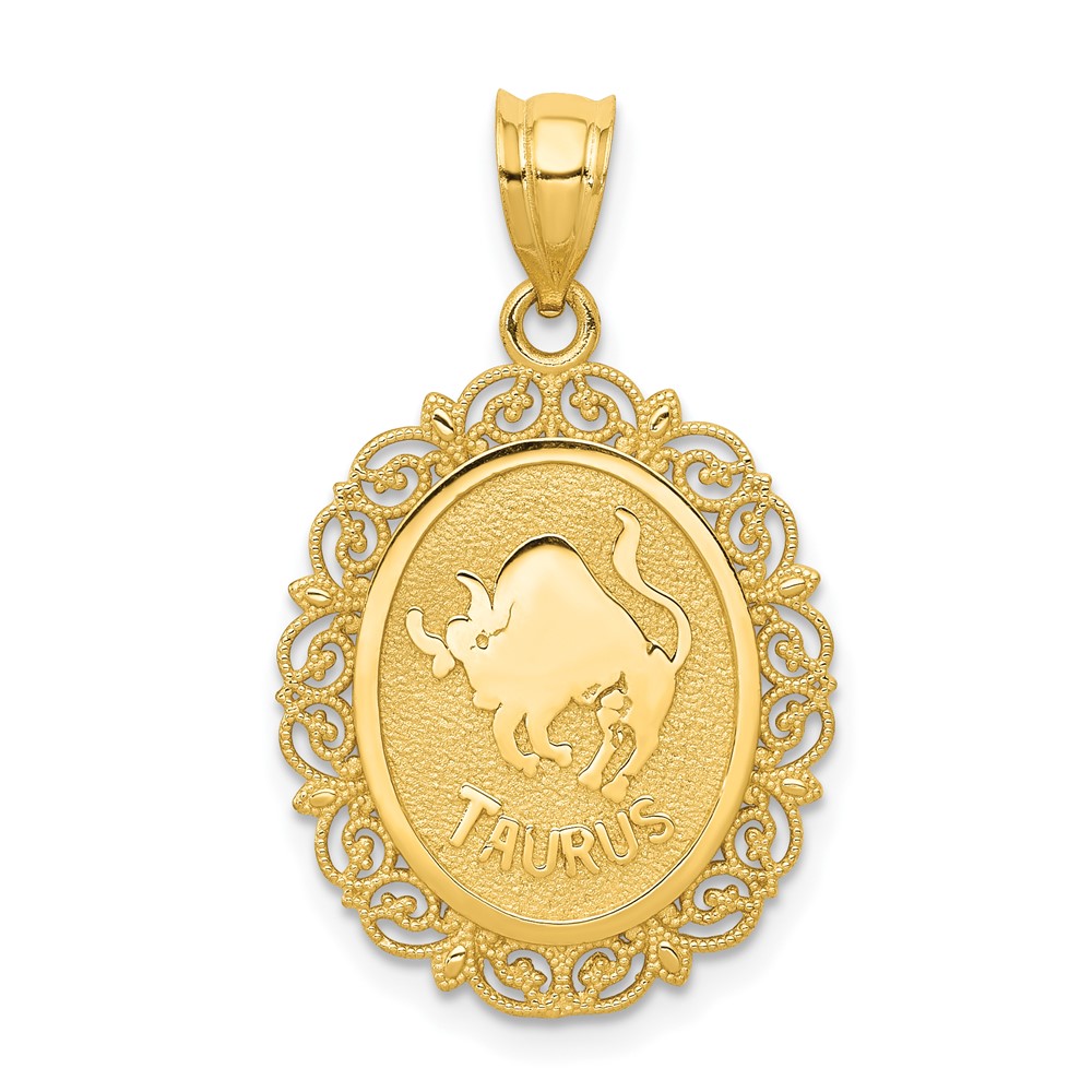 14K Yellow Gold Solid Satin Polished Taurus Zodiac Oval Pendant