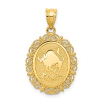 14K Yellow Gold Solid Satin Polished Taurus Zodiac Oval Pendant view 1