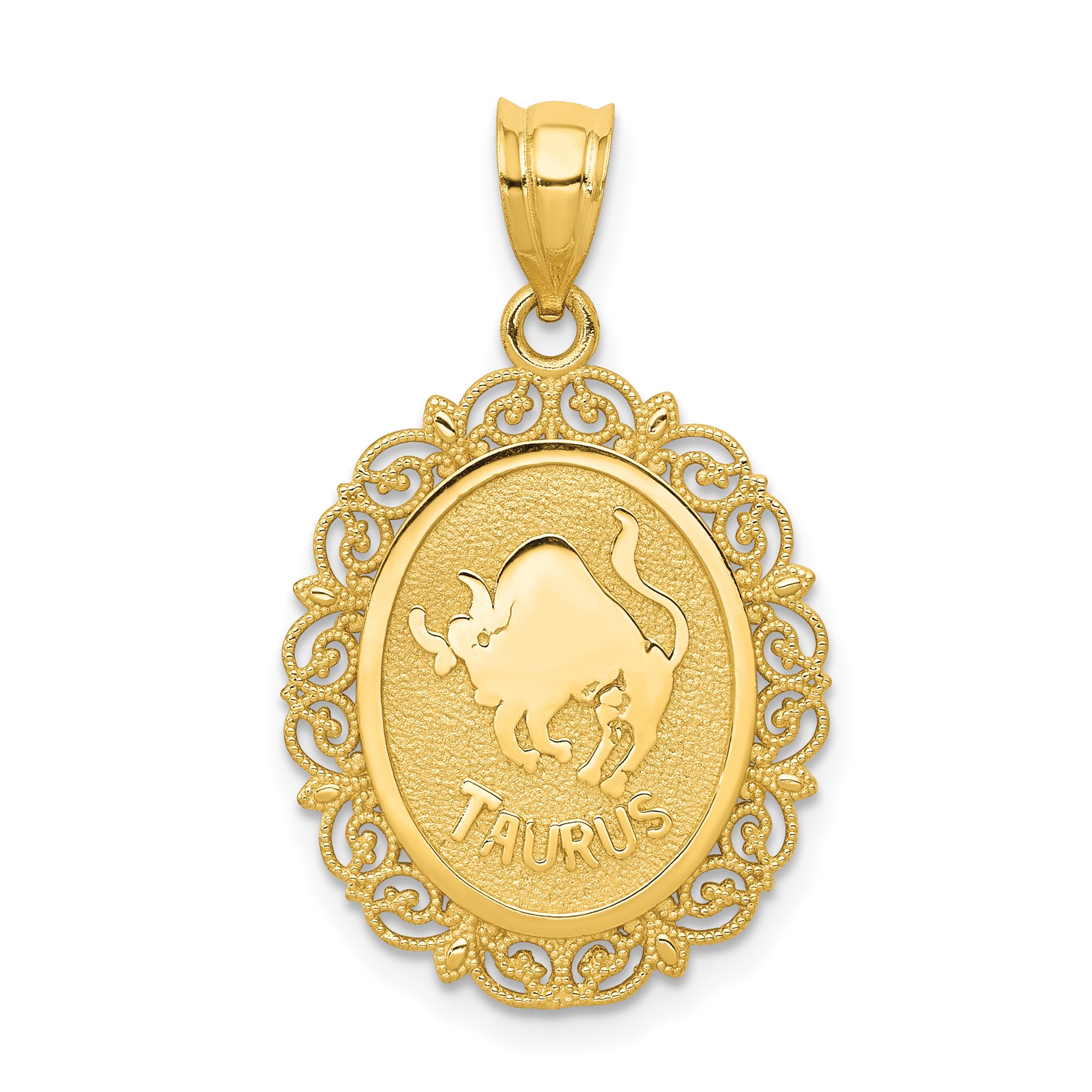 14k Yellow Gold Solid Satin Polished Taurus Zodiac Oval Pendant Necklace Womens