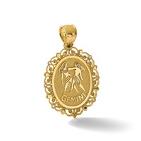 14K Yellow Gold Solid Satin Polished Gemini Zodiac Oval Pendant view 5