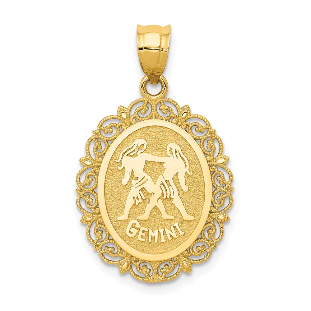 14K Yellow Gold Solid Satin Polished Gemini Zodiac Oval Pendant