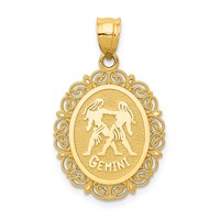 14K Yellow Gold Solid Satin Polished Gemini Zodiac Oval Pendant view 1