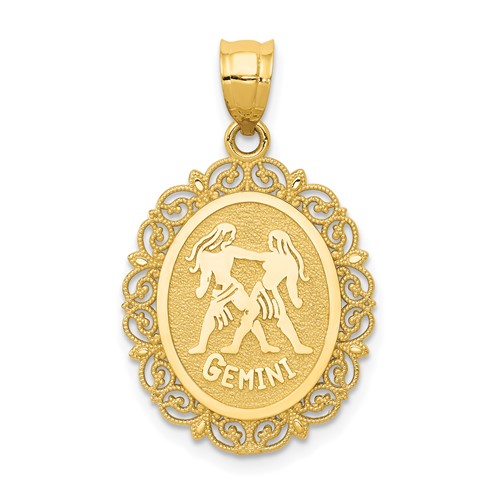 14K Yellow Gold Solid Satin Polished Gemini Zodiac Oval Pendant