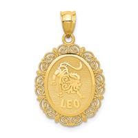 14K Yellow Gold Solid Satin Polished Leo Zodiac Oval Pendant view 1