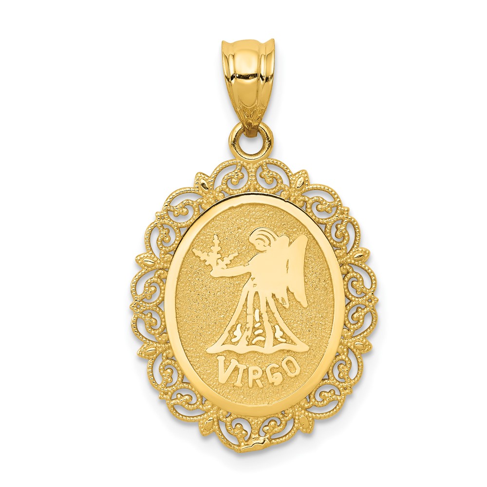 14K Yellow Gold Solid Satin Polished Virgo Zodiac Oval Pendant