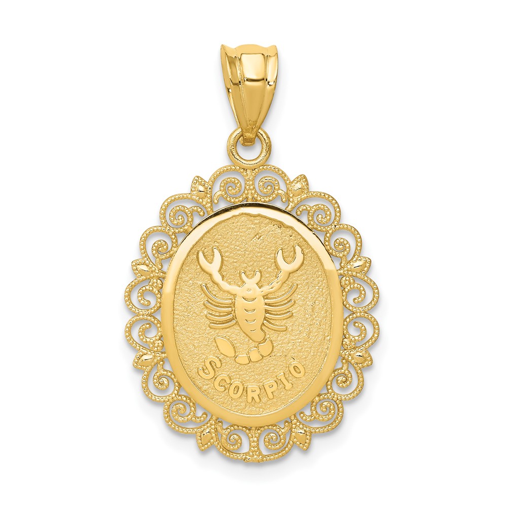 14K Yellow Gold Solid Satin Polished Scorpio Zodiac Oval Pendant