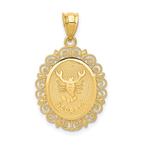 14K Yellow Gold Solid Satin Polished Scorpio Zodiac Oval Pendant