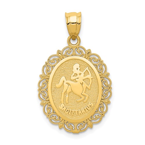 14K Yellow Gold Solid Satin Polished Sagittarius Zodiac Oval Pendant