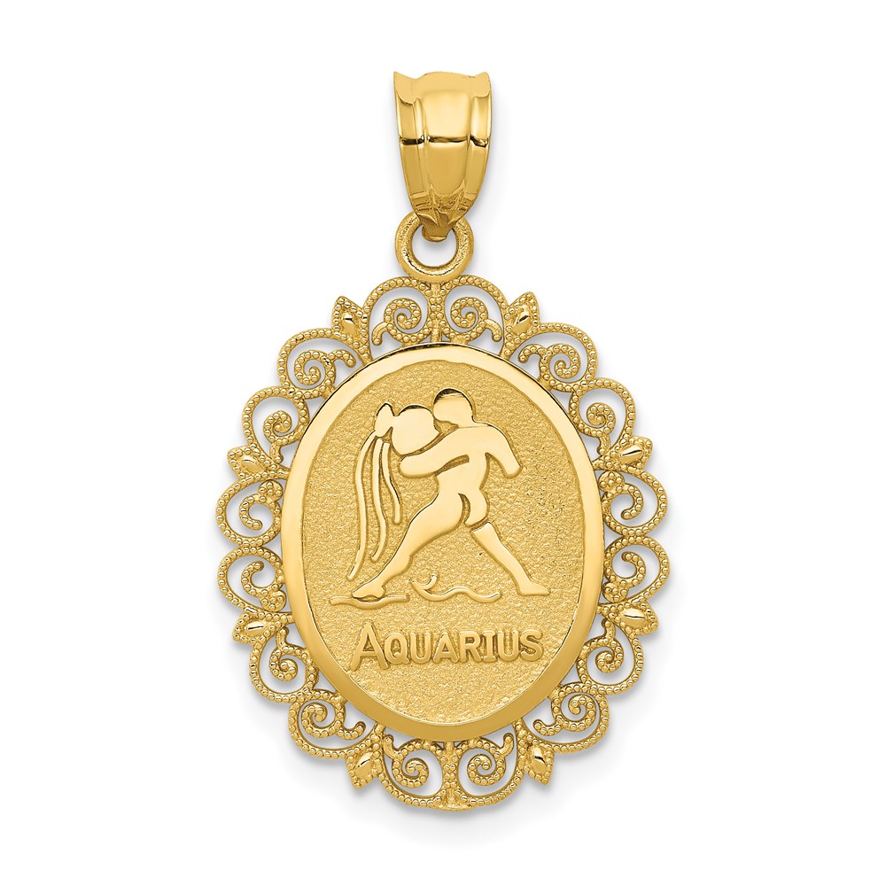 14K Yellow Gold Solid Satin Polished Aquarius Zodiac Oval Pendant
