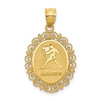 14K Yellow Gold Solid Satin Polished Aquarius Zodiac Oval Pendant view 1