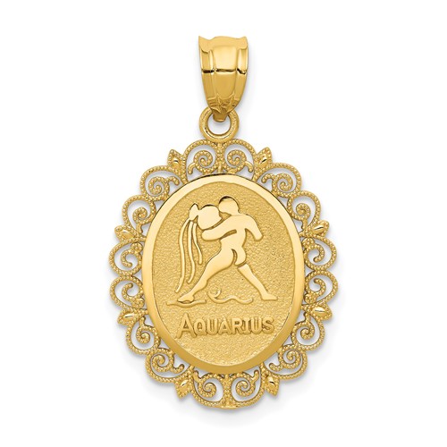 14K Yellow Gold Solid Satin Polished Aquarius Zodiac Oval Pendant
