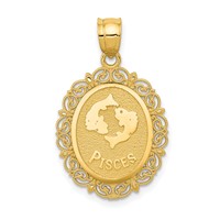 14K Yellow Gold Solid Satin Polished Pisces Zodiac Oval Pendant view 1