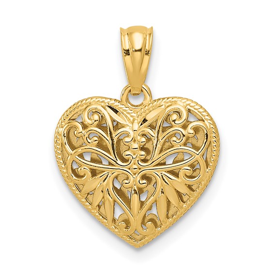 14K Two-tone Polished Diamond-cut Reversible Filigree Heart Pendant