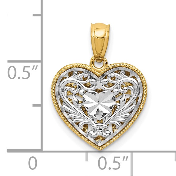 14K Two-tone Polished Diamond-cut Reversible Filigree Heart Pendant