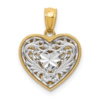 14K Two-tone Polished Diamond-cut Reversible Filigree Heart Pendant view 1