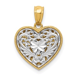 14K Two-tone Polished Diamond-cut Reversible Filigree Heart Pendant