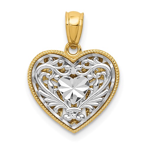 14K Two-tone Polished Diamond-cut Reversible Filigree Heart Pendant