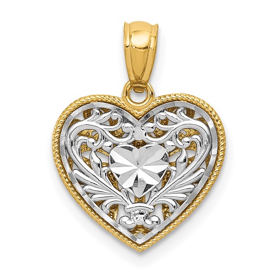 14K Two-tone Polished Diamond-cut Reversible Filigree Heart Pendant