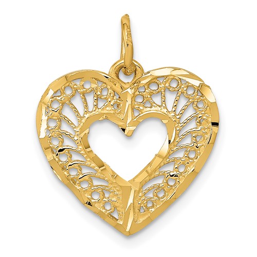 14K Yellow Gold Polished Diamond-cut Filigree Heart Pendant