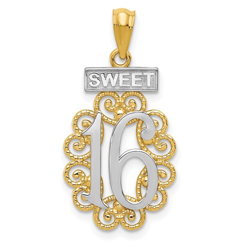 14K Pendant with White Rhodium Filigree Sweet 16