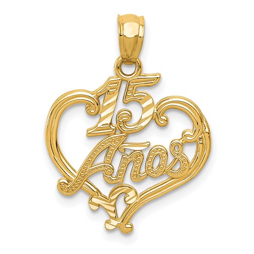 14K Yellow Gold Diamond-cut 15 Anos Heart Pendant