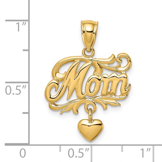 14k MOM with Dangling Heart Charm