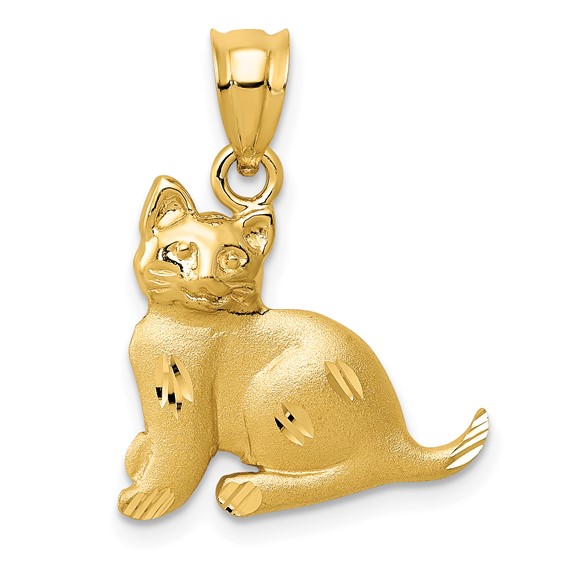 14k Satin Diamond-cut Cat Charm