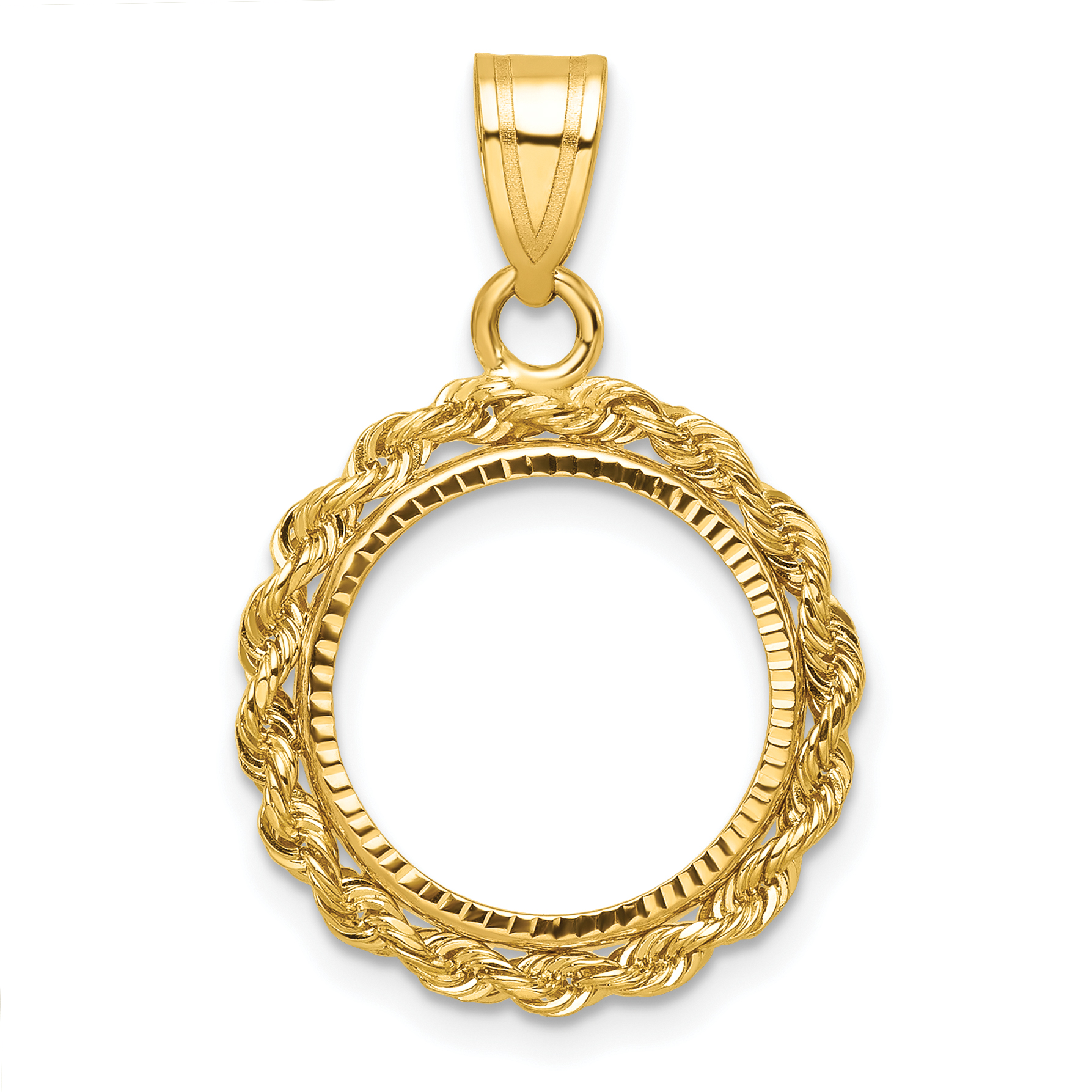 Wideband Distinguished Coin Jewelry 14k Diamond-cut with Rope 14.0mm Prong Coin Bezel Pendant (C8178/14.0)