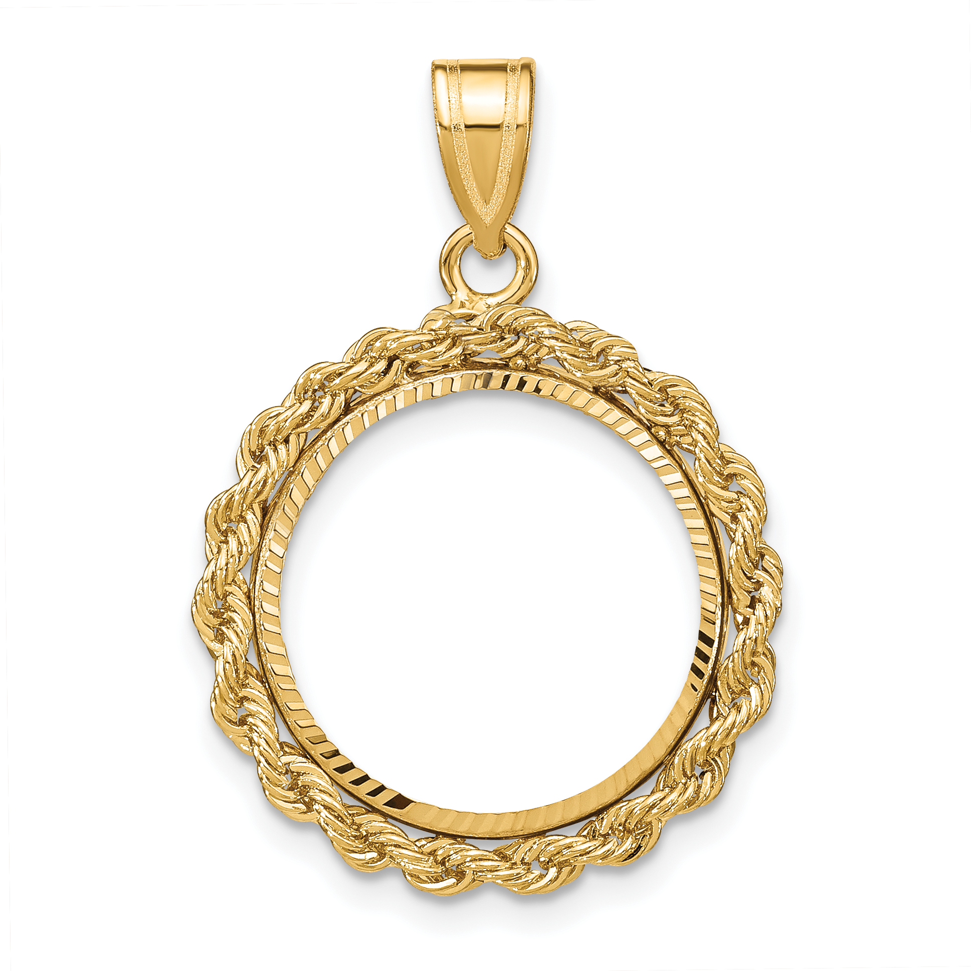 Wideband Distinguished Coin Jewelry 14k Diamond-cut with Rope 16.5mm Prong Coin Bezel Pendant (C3012D/16.5)