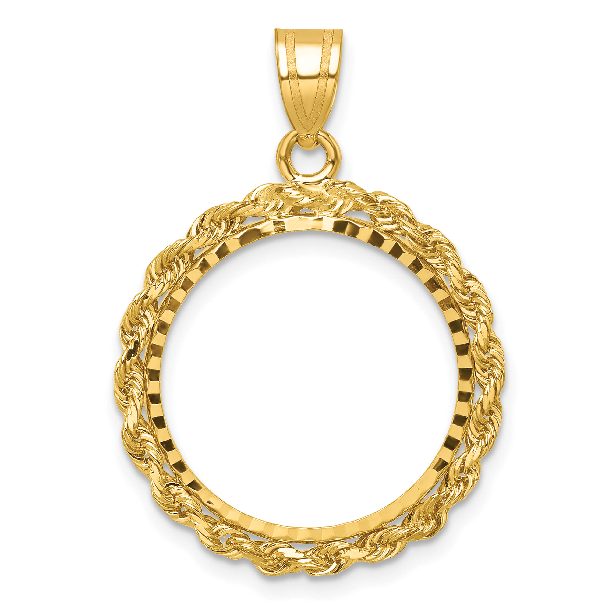 Wideband Distinguished Coin Jewelry 14k Diamond-cut with Rope 18.0mm Prong Coin Bezel Pendant (C3012D/18.0)