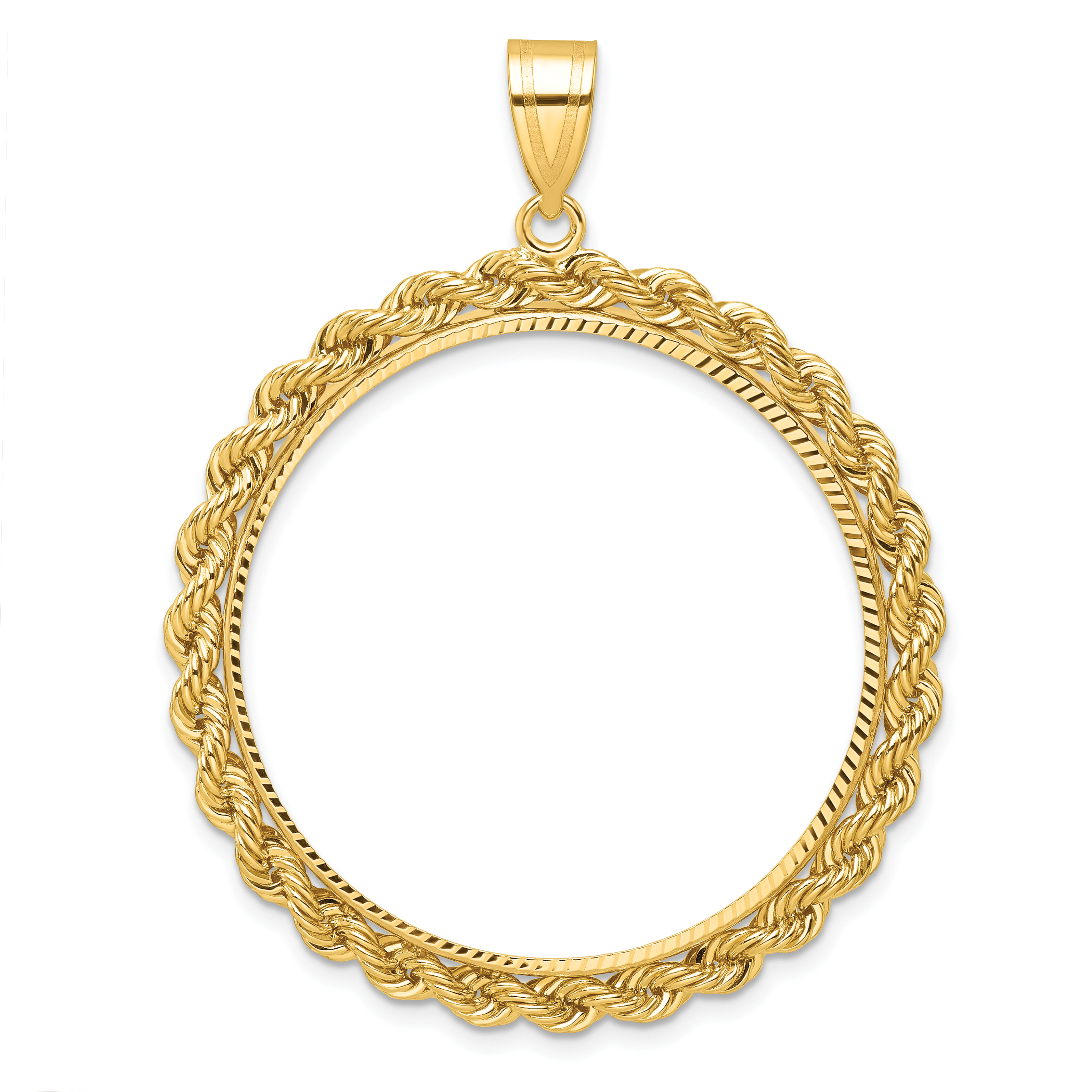 Wideband Distinguished Coin Jewelry 14k Diamond-cut with Rope 32.7mm Prong Coin Bezel Pendant (C8178/32.7)