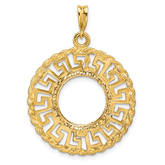 Wideband Distinguished Coin Jewelry 14k Polished and Diamond-cut Greek Key with Rope Border 13.0mm Prong Coin Bezel Pendant