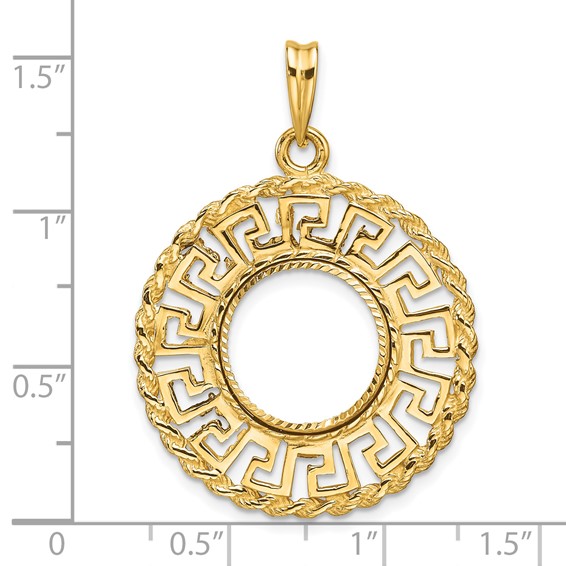 Wideband Distinguished Coin Jewelry 14k Polished and Diamond-cut Greek Key with Rope Border 13.0mm Prong Coin Bezel Pendant