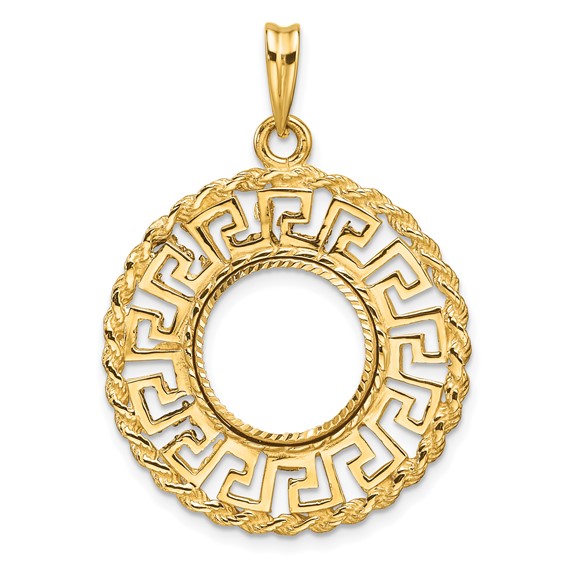 Wideband Distinguished Coin Jewelry 14k Polished and Diamond-cut Greek Key with Rope Border 13.0mm Prong Coin Bezel Pendant