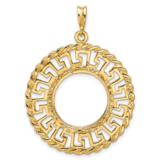 Wideband Distinguished Coin Jewelry 14k Polished and Diamond-cut Greek Key with Rope Border 16.5mm Prong Coin Bezel Pendant