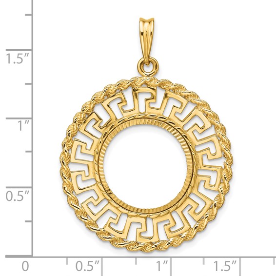 Wideband Distinguished Coin Jewelry 14k Polished and Diamond-cut Greek Key with Rope Border 16.5mm Prong Coin Bezel Pendant