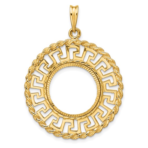 Wideband Distinguished Coin Jewelry 14k Polished and Diamond-cut Greek Key with Rope Border 16.5mm Prong Coin Bezel Pendant