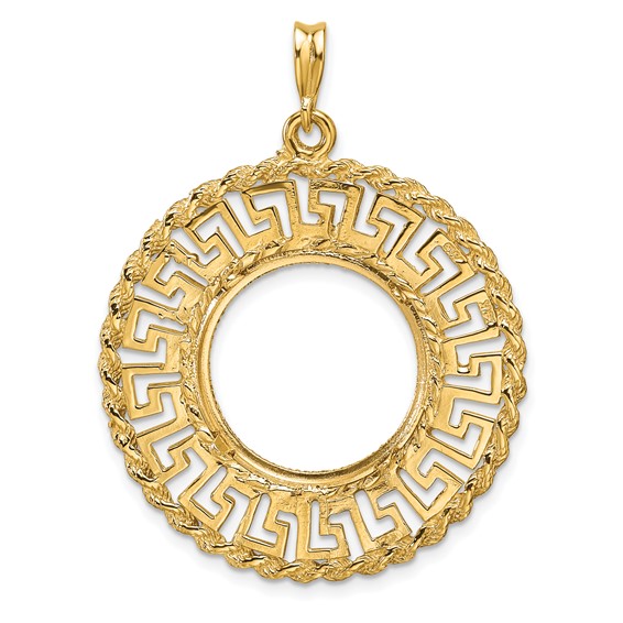 Wideband Distinguished Coin Jewelry 14k Polished and Diamond-cut Greek Key with Rope Border 17.8mm Prong Coin Bezel Pendant