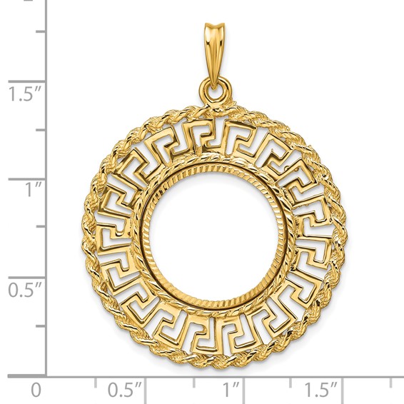 Wideband Distinguished Coin Jewelry 14k Polished and Diamond-cut Greek Key with Rope Border 17.8mm Prong Coin Bezel Pendant